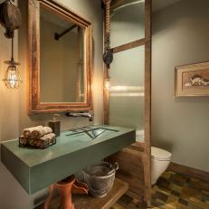 Neutral Rustic Bathroom With Multicolored Tile Floor