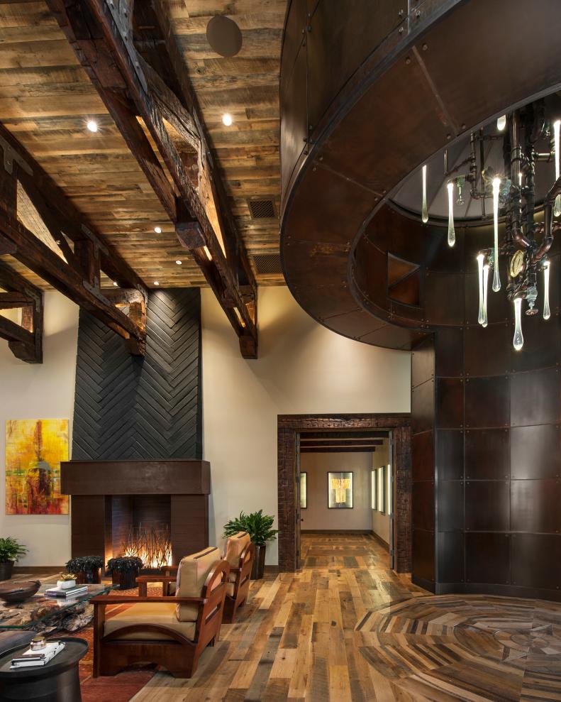 Grand Rustic Ranch Entrance With Exposed Beam Ceiling, Chandelier