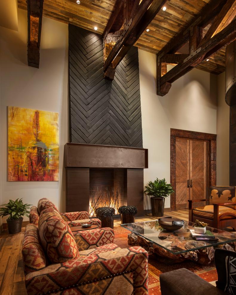 Rustic Living Room With Reclaimed Wood Ceiling, Two-Story Fireplace