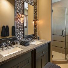 Neutral Double Vanity Bathroom With Mosaic Tile Backsplash