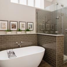 Gray and White Transitional Spa Bathroom With Skylight