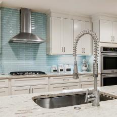 White Transitional Kitchen With Blue Tile Backsplash