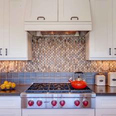 White Kitchen Cabinets and Brown Tile Backsplash