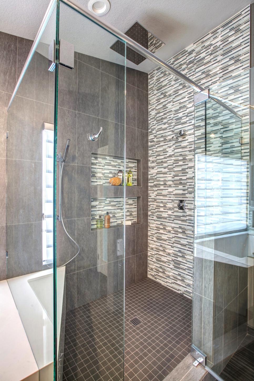 Glass Walk-In Shower With Gray and White Tile | HGTV