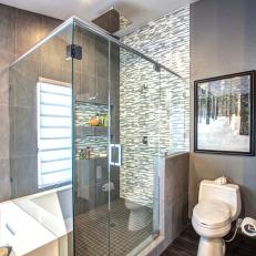 Toilet and Walk-In Shower With Gray Tile Backsplash