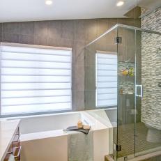 Gray and White Contemporary Bathroom With Glass Shower