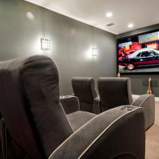 Contemporary Home Theater With Cozy Gray Seating