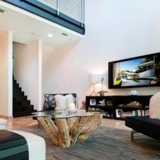 Contemporary Living Room Boasts Tree Branch Coffee Table