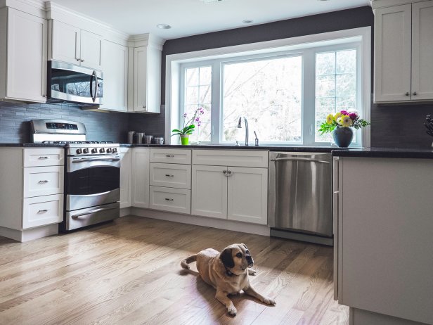 Dark Gray Transitional Kitchen With White Cabinets