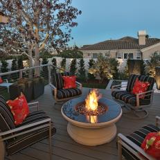 Contemporary Back Porch With Cushioned Chairs & Fire Pit