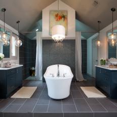 Open Air Bathroom with Dramatic Chandelier and Double Vanities