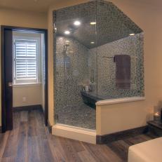 Organic Master Bathroom with Blue Mosaic Shower Tiles