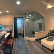 Organic Spa Master Bathroom with Hardwood Floors