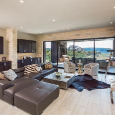 Contemporary Living Room Opens to Large Covered Patio