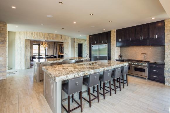 Contemporary Neutral Kitchen With Brown Cabinets & Granite Countertops