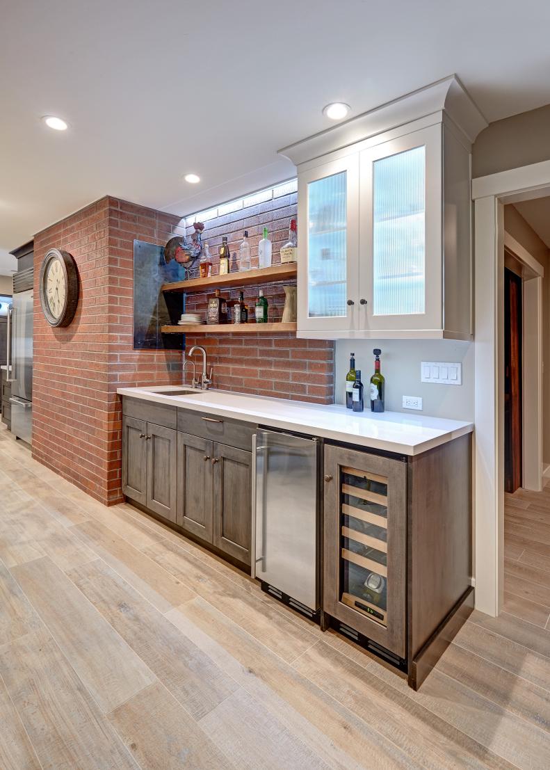 Kitchen Wet Bar With Bare Brick Wall