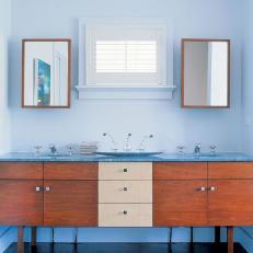 Midcentury Modern Vanity Wows in Soft Blue Bathroom
