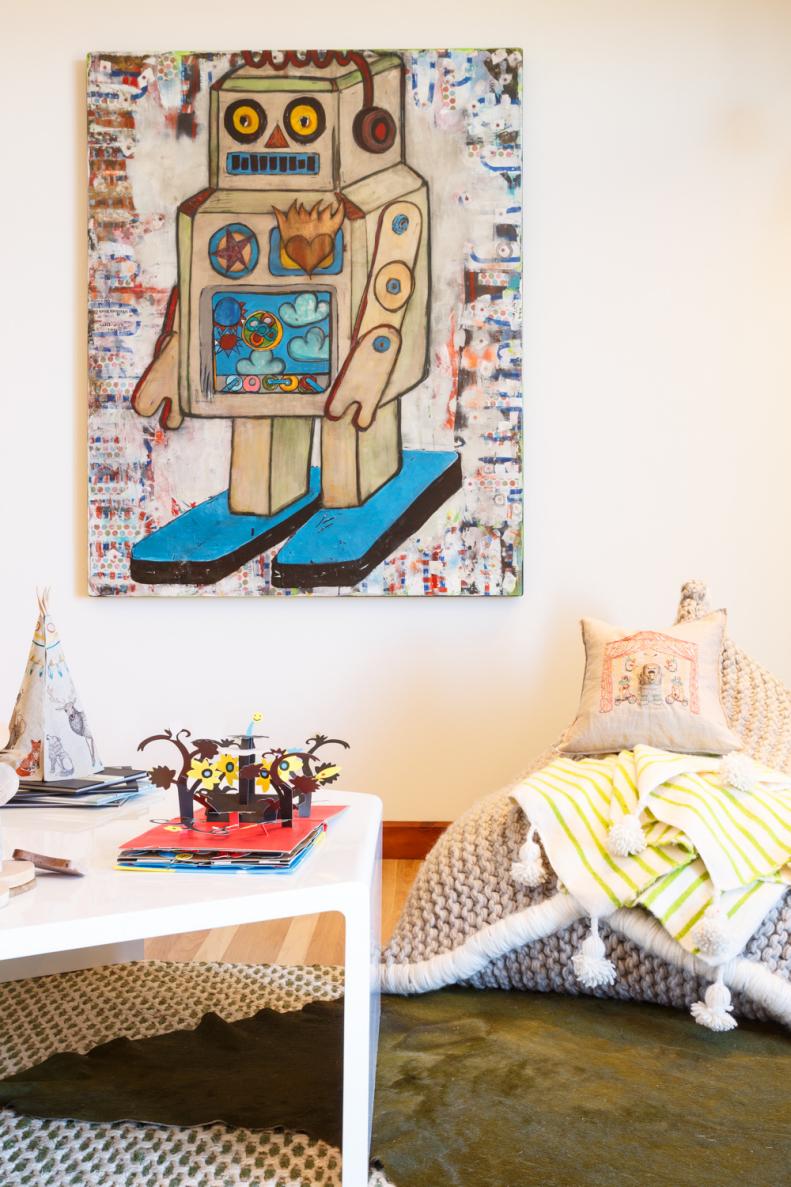Neutral Kid's Room With Multicolor Robot Art