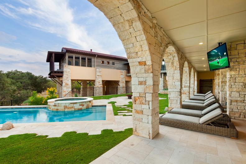 Poolside Covered Patio With Contemporary Lounge Chairs