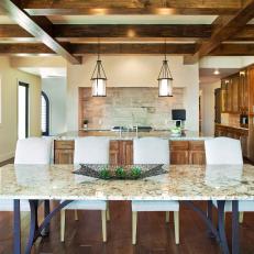 Neutral Eat-In Kitchen Features Rich Wood Ceiling Beams
