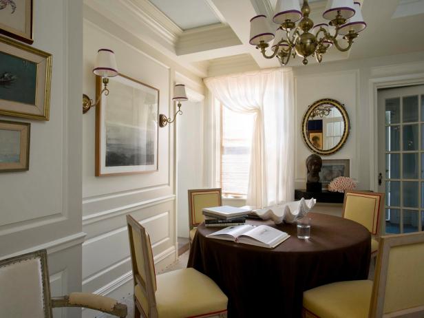 Small Traditional Dining Room With Coffered Ceiling And