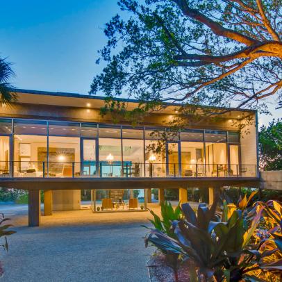 Elevated Glass House in Osprey, Fla.: Home Exterior at Night