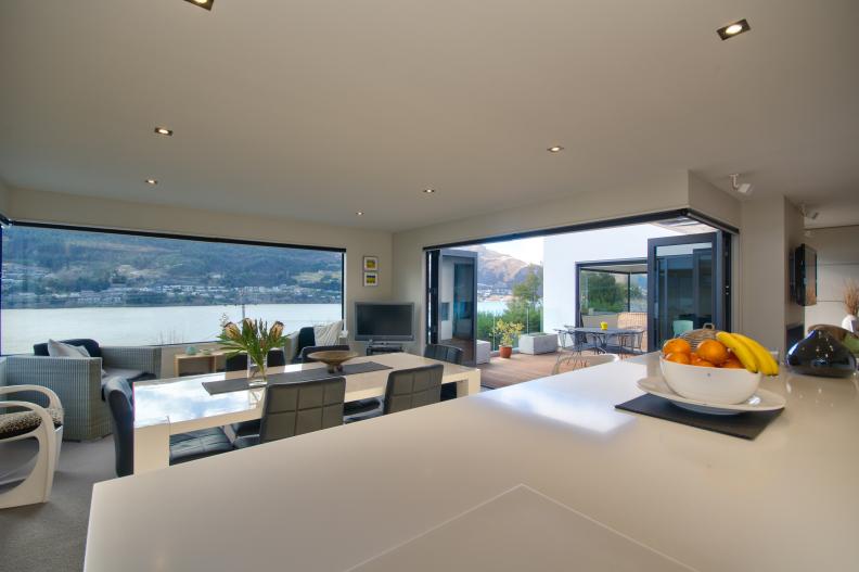 Neutral Modern Kitchen Overlooking Lake