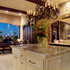 Traditional Kitchen Island With Marble Countertop and Candelabra Chandelier