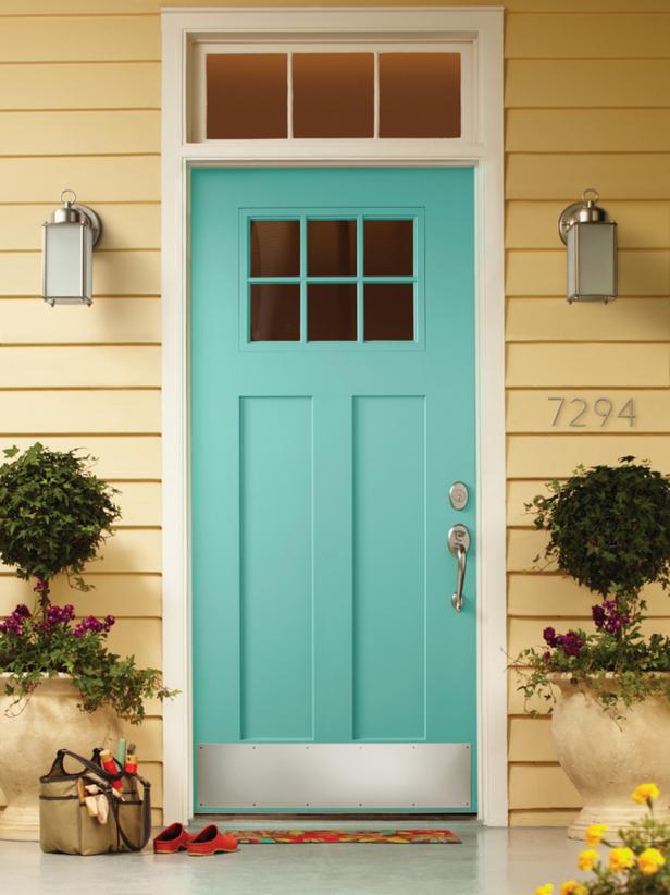 Teal Door with Windows on Front Porch