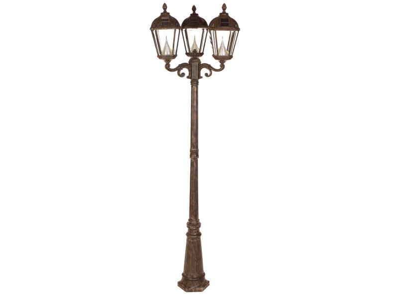 Go big with a three-lantern post lamp inspired by New Orleans-style street lights. The Royal Solar Lamp Post, made by Gama Sonic and sold by retailers such as Overstock, stands 89 inches tall with a weathered bronze finish.