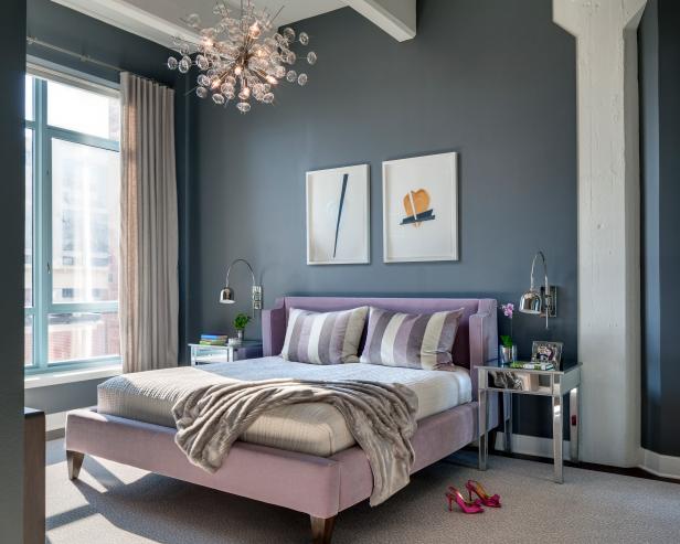 Contemporary Master Bedroom in Gray, Lavender and Cream