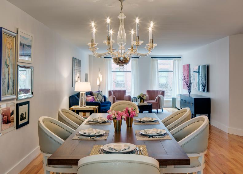 Transitional Neutral Dining Area With Chandelier