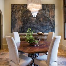 Contemporary Breakfast Room With Quartzite Art, Chandelier and High-Back Chairs