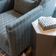 Contemporary Gray Armchair With Nailhead Trim and Hexagonal End Table 