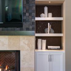 Marble Fireplace Surround and Built-In Bookshelf in Contemporary Living Room