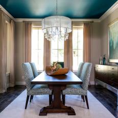 Contemporary Dining Room With Beautiful Teal Ceiling & Drum Chandelier
