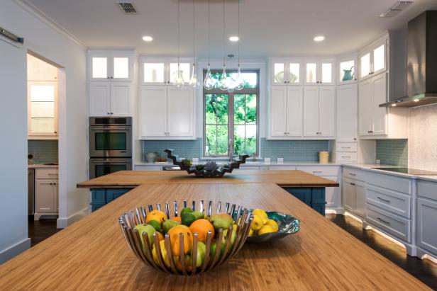 Counter-Level View of Contemporary Kitchen With Long Wood ...