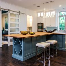 Beautiful Contemporary Kitchen With Large Blue Island & Frosted Glass Sliding Doors