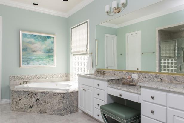 Spa Bathroom With Gray Marble Corner Bathtub And White Vanity Hgtv