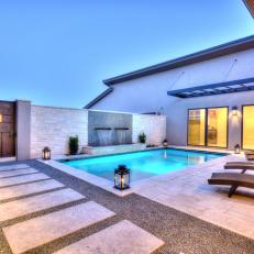 Contemporary Backyard Features Swimming Pool, Double Waterfall and Copper Gate 