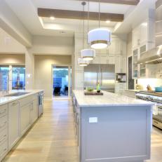 Bright, Contemporary Kitchen With Double Islands