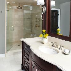 Transitional Master Bathroom With Dark Stained Vanity & Walk-In Shower