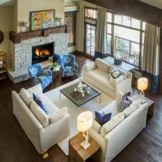 Stylish Great Room in Cream, Blue and Brown