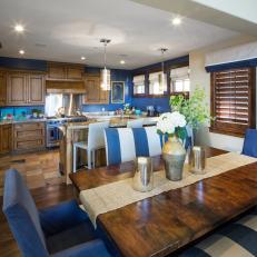 Kitchen and Dining Room Combo in Blue and Brown 