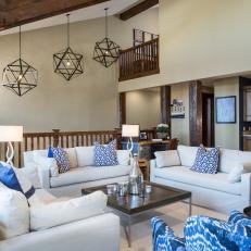Contemporary Great Room With Star Pendants & Blue Accents