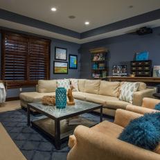 Alternate Family Room With Leather Sectional & Stone Fireplace