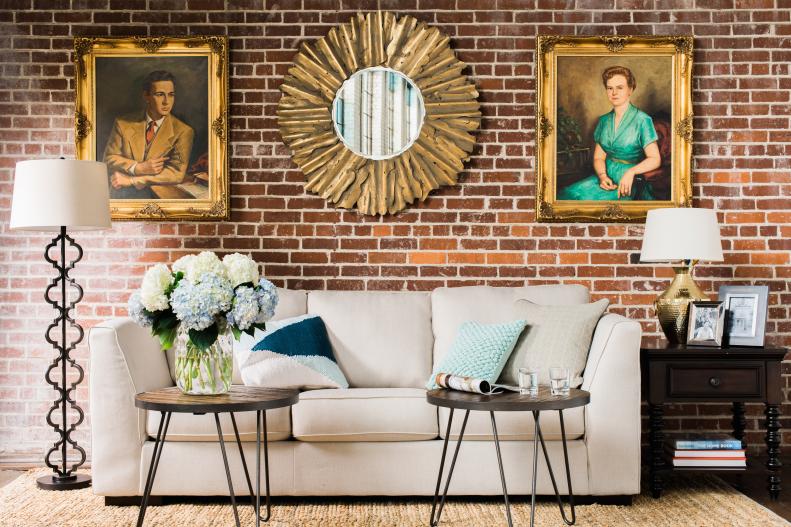 Living Room With Vintage Artwork and Mirror