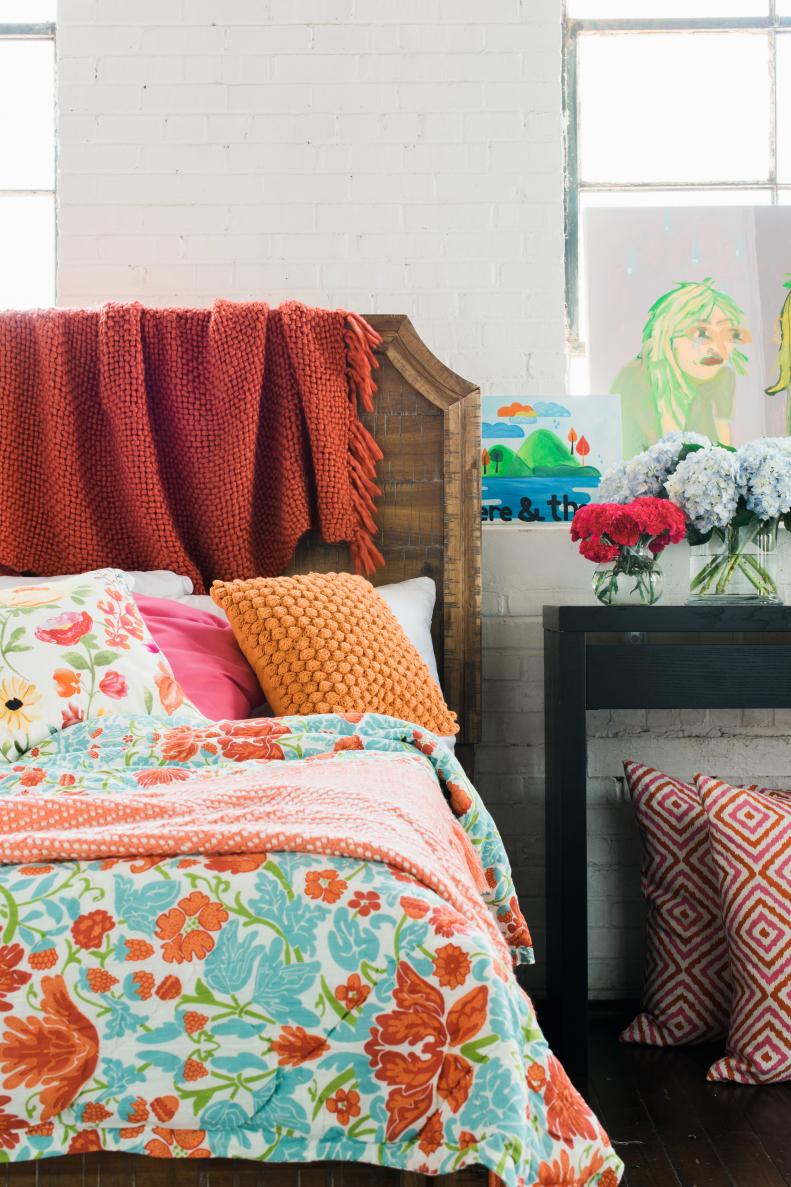 Loft Bedroom With Colorful, Floral Bedding