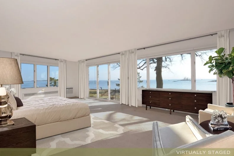 White Transitional Bedroom With Dark Wood Dresser & Neutral Accents