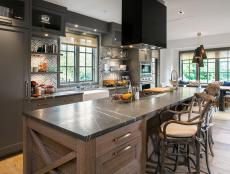 White Kitchen With Gray Cabinets, Country Island & Barstools